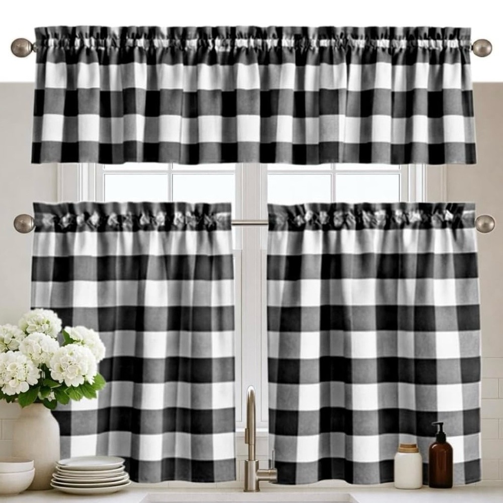 Black and White Checkered Curtains with valance.